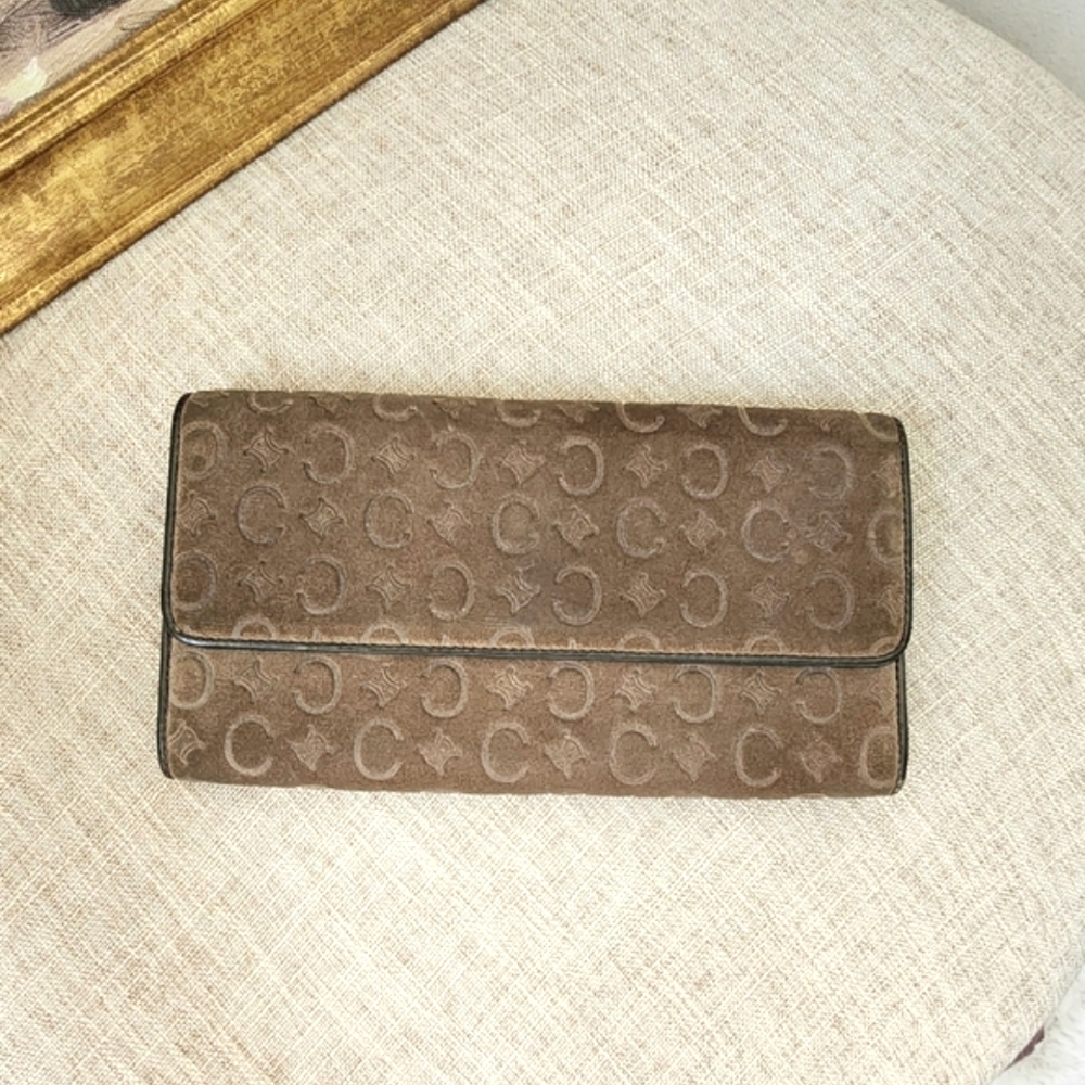 Celine Beautiful Brown Suede Leather Full Size Monogram Womens Wallet